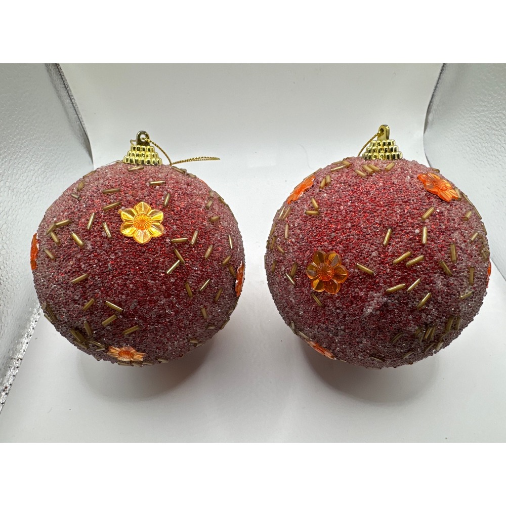Red Sugar Beaded Christmas Ornaments with Orange Flower Sequins Set of 2 4in